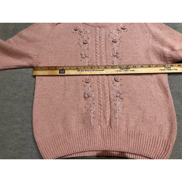 Bramble Lane M Silk Angora Lambswool Faux Pearls Pink Granny Sweater Cable VTG - Picture 7 of 11